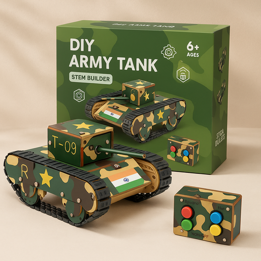 DIY army tank kit with packaging on a beige background